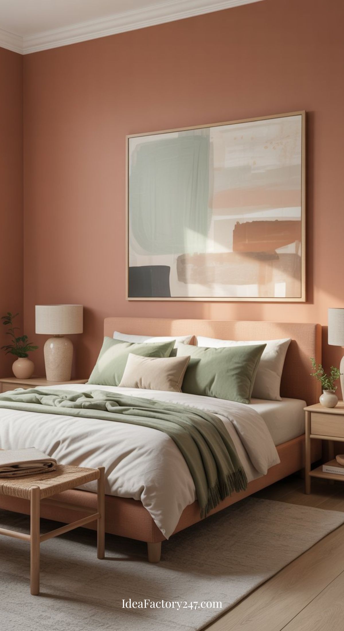 A stylish bedroom with a terracotta accent wall, a large framed abstract art piece above the bed, sage green and white bedding, two bedside tables with lamps, and a wooden bench at the foot of the bed.