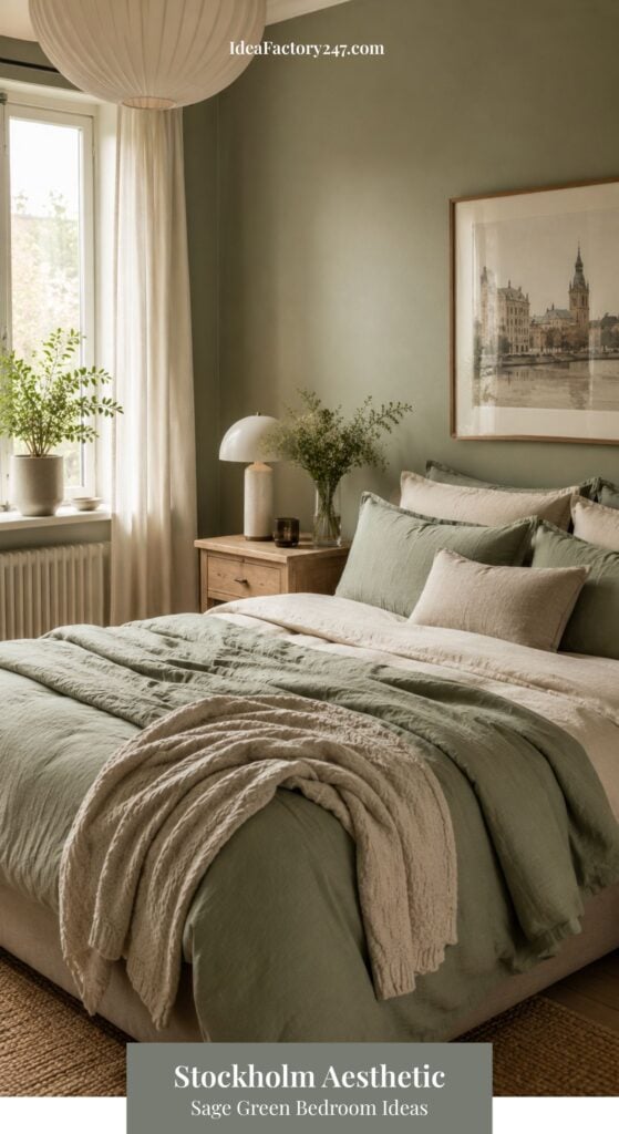A cozy sage green bedroom with matching walls and bedding, wooden furniture, plants by the window, and a framed cityscape artwork above the bed. Soft natural light fills the room, creating a calm, Scandinavian-inspired atmosphere.