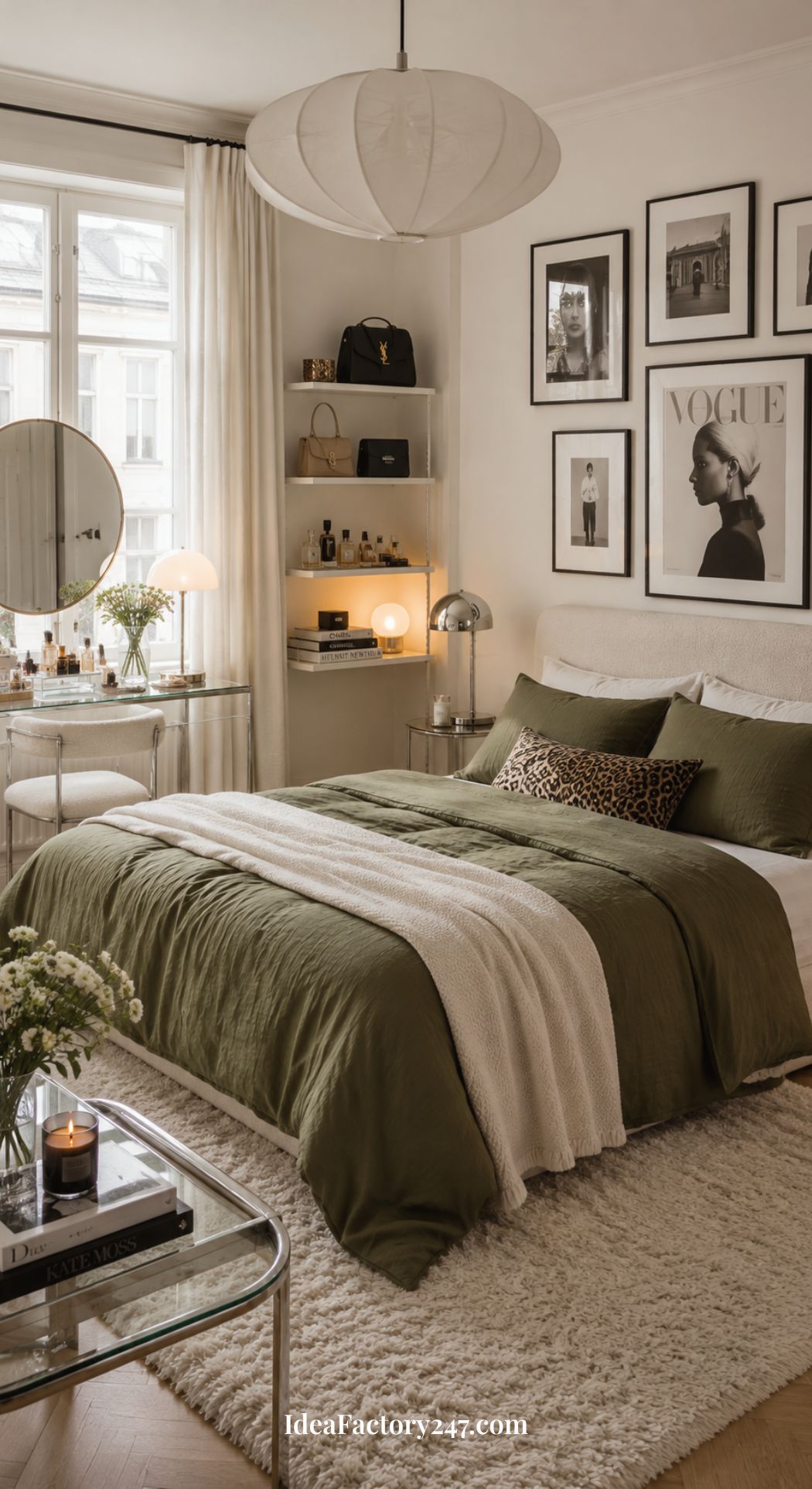 Cozy bedroom with green bedding, a leopard print pillow, and white accents—perfect for those seeking green bedroom ideas. Wall art and magazines decorate the walls, while a vanity and shelves with decor sit by a large window, letting in natural light.