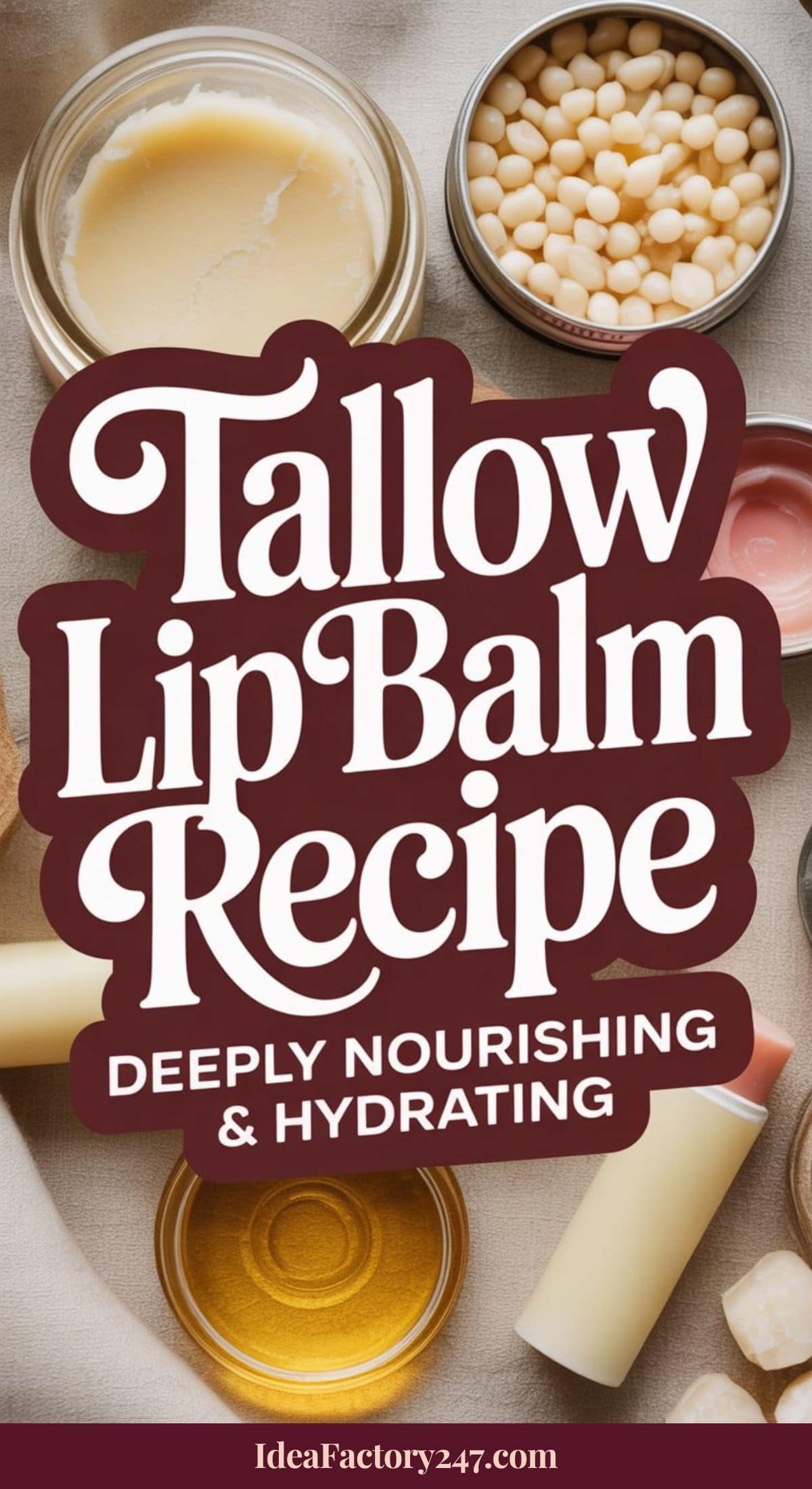 An overhead view of tallow lip balm ingredients and tubes, with text reading Tallow Lip Balm Recipe: Deeply Nourishing & Hydrating on a maroon background. Website IdeaFactory247.com is at the bottom.