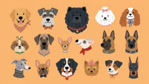 Illustration of sixteen different dog breeds, each with unique features, collars, accessories, and playful puppy names displayed, arranged in a grid on a light orange background.