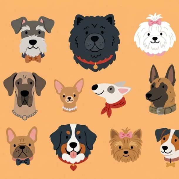 Illustration of sixteen different dog breeds, each with unique features, collars, accessories, and playful puppy names displayed, arranged in a grid on a light orange background.