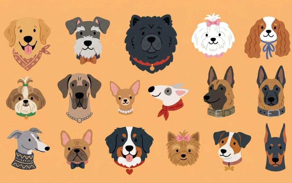 Illustration of sixteen different dog breeds, each with unique features, collars, accessories, and playful puppy names displayed, arranged in a grid on a light orange background.