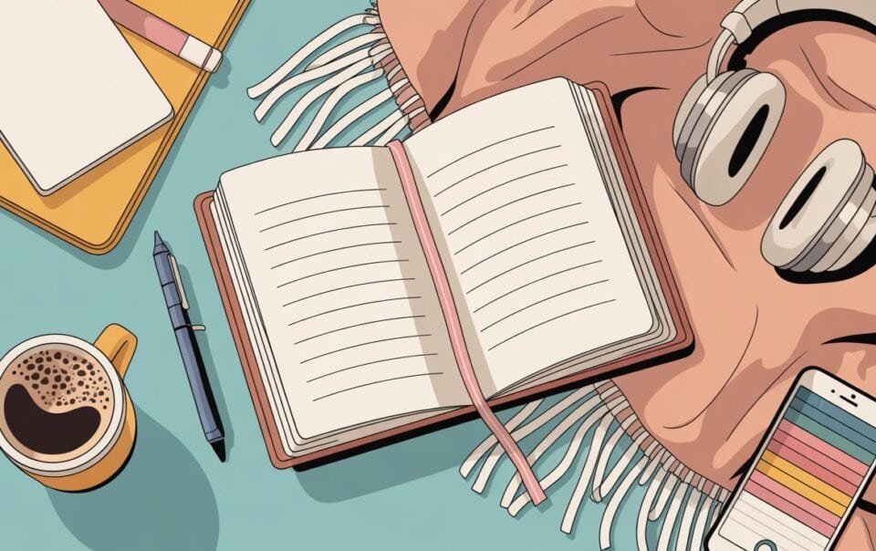 A flat lay of an open notebook with a pink ribbon, a pen, a cup of coffee, a phone with a colorful screen, a closed notebook, large headphones, and a pink scarf on a blue background.