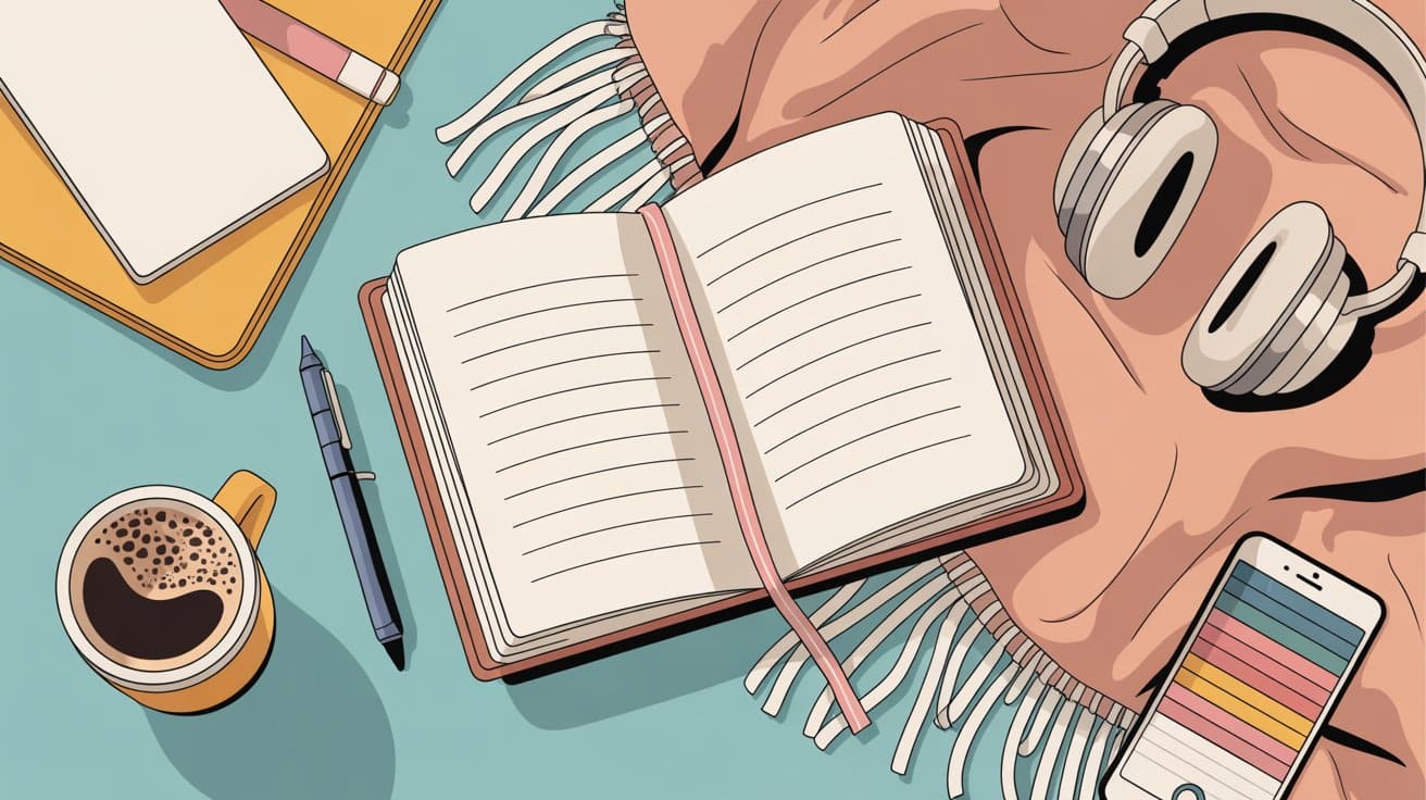 A flat lay of an open notebook with a pink ribbon, a pen, a cup of coffee, a phone with a colorful screen, a closed notebook, large headphones, and a pink scarf on a blue background.