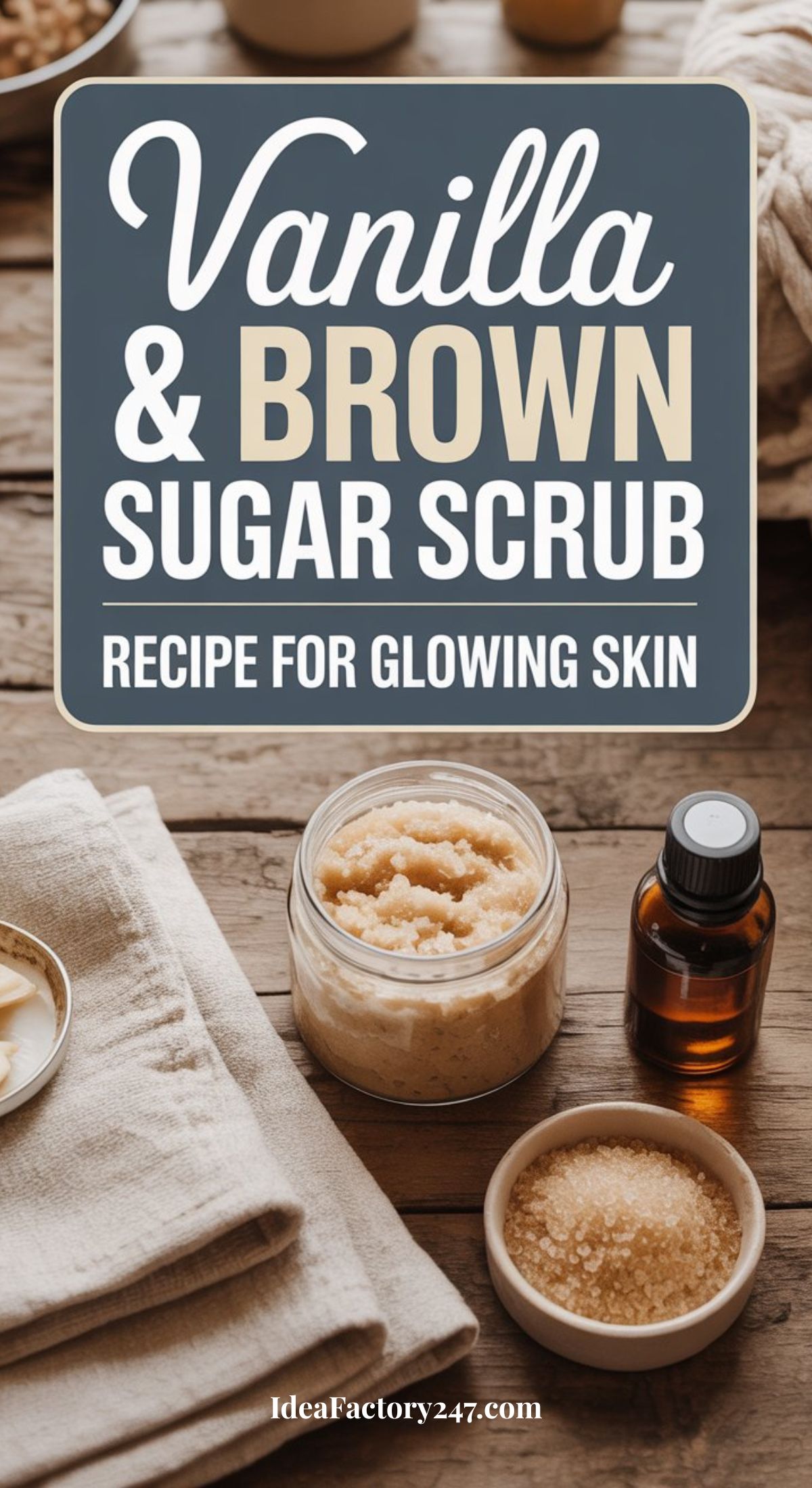 A jar of vanilla and brown sugar scrub, a small bottle of oil, a bowl of brown sugar, and folded towels on a wooden surface, with text: Vanilla & Brown Sugar Scrub Recipe for Glowing Skin.