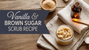 A jar of vanilla Brown Sugar Scrub sits on a folded towel beside a small bottle, wooden spatula, and bowl of brown sugar, with the text Vanilla & Brown Sugar Scrub Recipe displayed on the left.