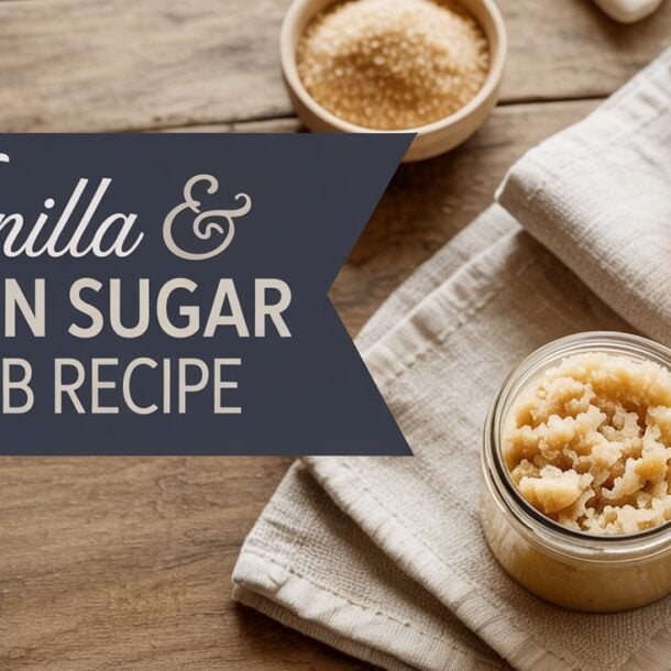 A jar of vanilla Brown Sugar Scrub sits on a folded towel beside a small bottle, wooden spatula, and bowl of brown sugar, with the text Vanilla & Brown Sugar Scrub Recipe displayed on the left.