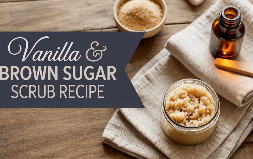 A jar of vanilla Brown Sugar Scrub sits on a folded towel beside a small bottle, wooden spatula, and bowl of brown sugar, with the text Vanilla & Brown Sugar Scrub Recipe displayed on the left.