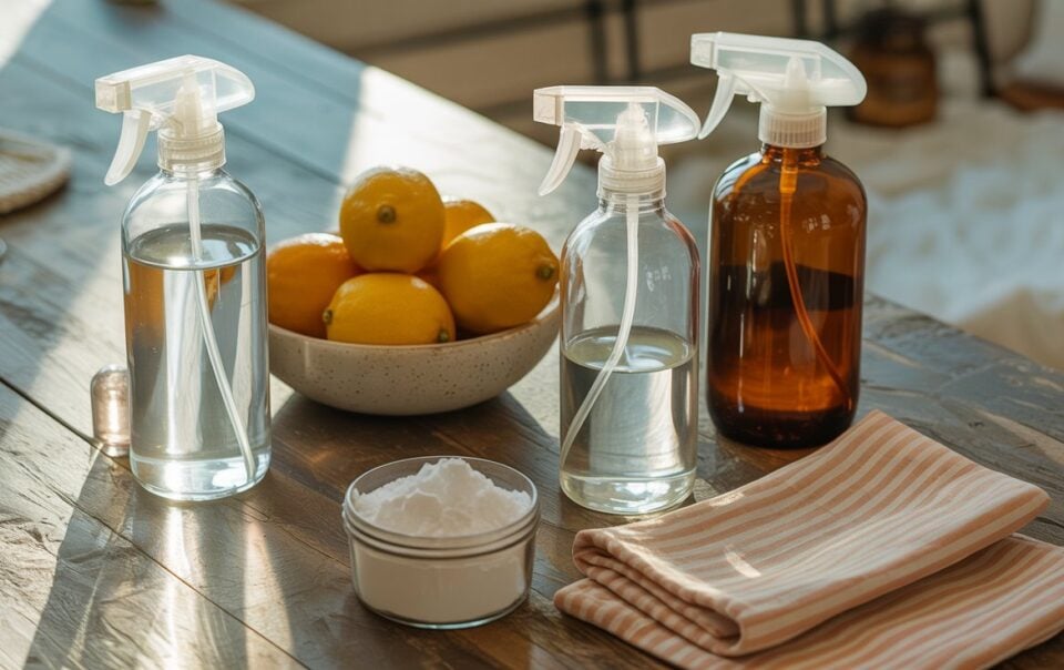 Clear and amber spray bottles, a bowl of lemons, a small jar of baking soda, and striped cloths are arranged on a wooden table in natural sunlight, suggesting homemade natural cleaning products.