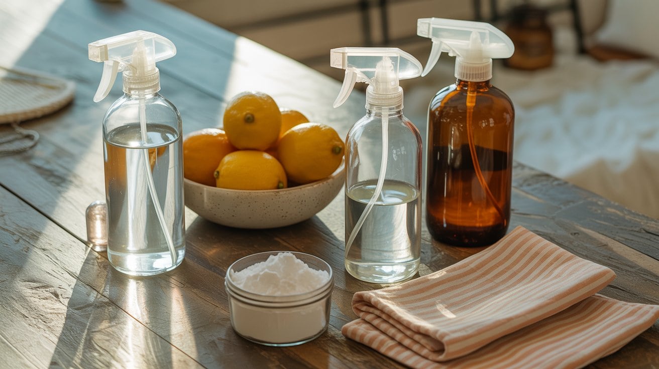 Clear and amber spray bottles, a bowl of lemons, a small jar of baking soda, and striped cloths are arranged on a wooden table in natural sunlight, suggesting homemade natural cleaning products.