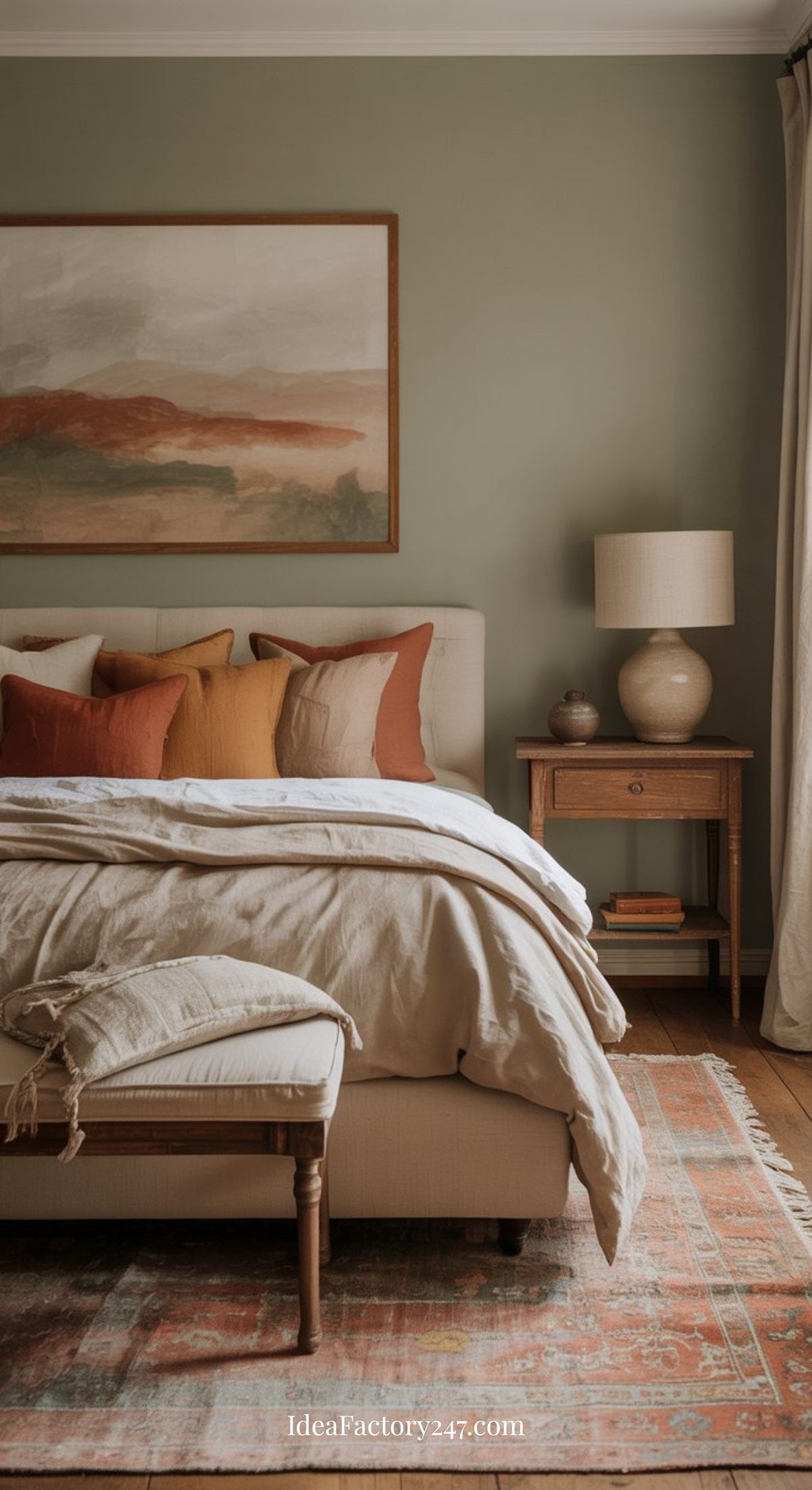 A cozy bedroom with a beige bed, earth-toned pillows, a wooden nightstand with a lamp, a bench with a throw, a warm rug, and a large landscape painting on a sage green wall. Natural light filters in through a curtain.