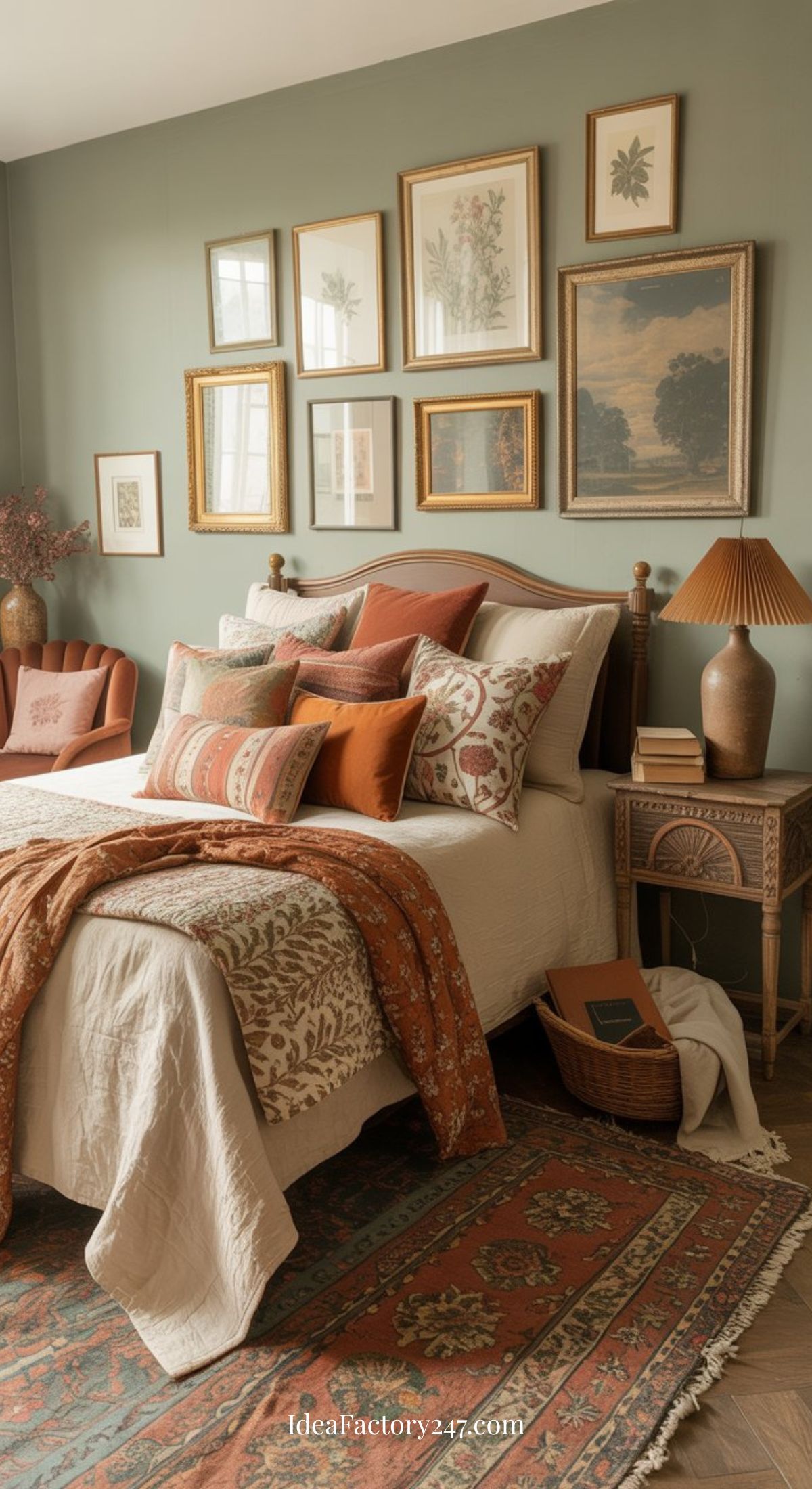 A cozy bedroom with green walls, a gallery of framed art, a bed with patterned pillows and rust-colored bedding, a bedside table with a lamp, a woven basket, and a vintage rug on wooden floors.