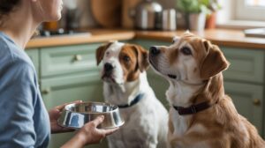 A person holds a metal dog bowl filled with bone broth for dogs while two attentive pups, one brown and white and one golden, sit and wait in a cozy kitchen with green cabinets.