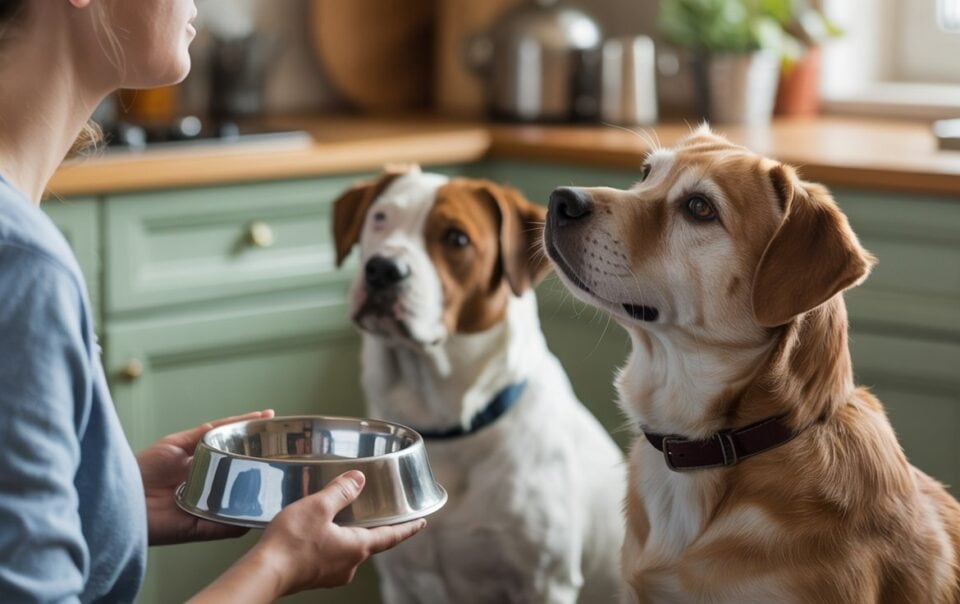 A person holds a metal dog bowl filled with bone broth for dogs while two attentive pups, one brown and white and one golden, sit and wait in a cozy kitchen with green cabinets.
