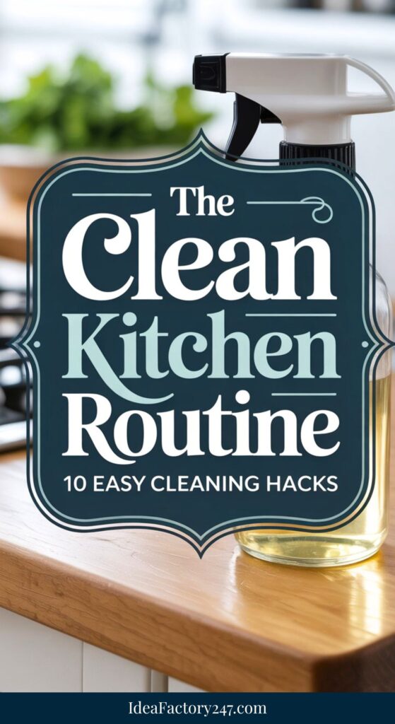 A spray bottle sits on a kitchen counter with the text The Clean Kitchen Routine: 10 Easy Cleaning Hacks overlayed. Website IdeaFactory247.com appears at the bottom.