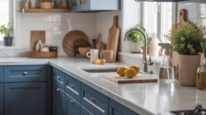 A modern kitchen with blue cabinets, marble countertops, and wooden cutting boards topped with lemons—perfect for trying out cleaning hacks. Sunlight streams through the window, illuminating potted plants on the windowsill and counter.