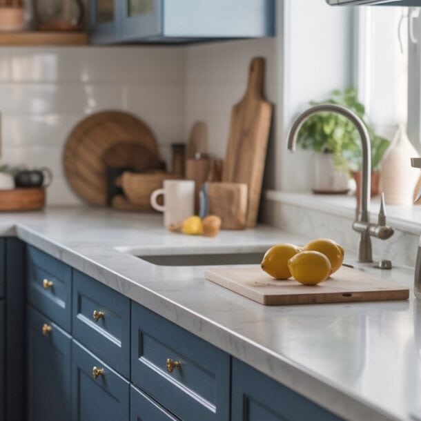 A modern kitchen with blue cabinets, marble countertops, and wooden cutting boards topped with lemons—perfect for trying out cleaning hacks. Sunlight streams through the window, illuminating potted plants on the windowsill and counter.