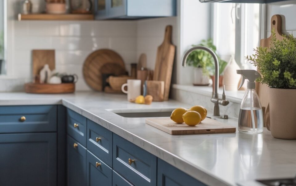 A modern kitchen with blue cabinets, marble countertops, and wooden cutting boards topped with lemons—perfect for trying out cleaning hacks. Sunlight streams through the window, illuminating potted plants on the windowsill and counter.
