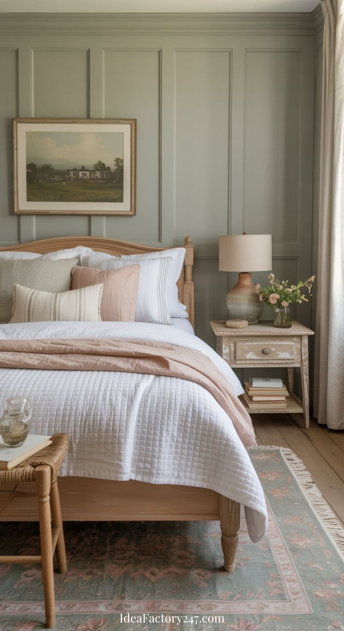 A cozy farmhouse bedroom with a wooden bed, white and beige bedding, a nightstand with a lamp and flower vase, a wicker chair, and a framed picture on sage green paneled walls. Soft sunlight filters in through curtains.