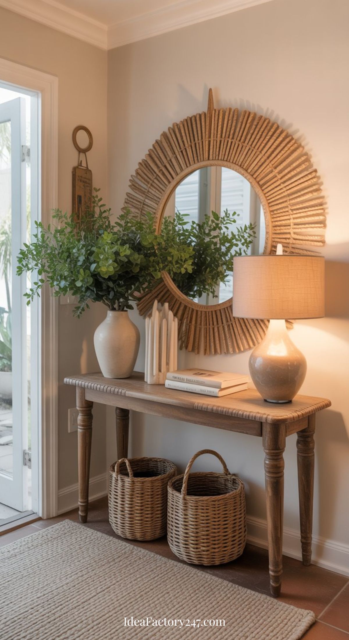 A wooden console table with a lamp, books, a vase of greenery, and decorative objects sits beneath a round sunburst mirror. Two woven baskets are placed on the floor underneath in a bright, cozy entryway.