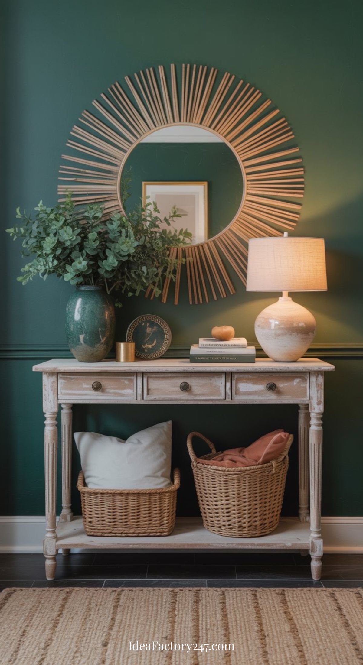 A wooden console table with drawers stands against a dark green wall. On the table are a potted plant, books, and a lamp. A round sunburst mirror hangs above, with baskets and pillows on the lower shelf.