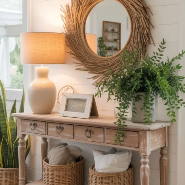 A rustic Nancy Meyers Entryway Table with drawers holds a lamp, framed sign, and potted plant. Two woven baskets with pillows rest on the lower shelf. Above, a round branch-style mirror hangs on a white shiplap wall.