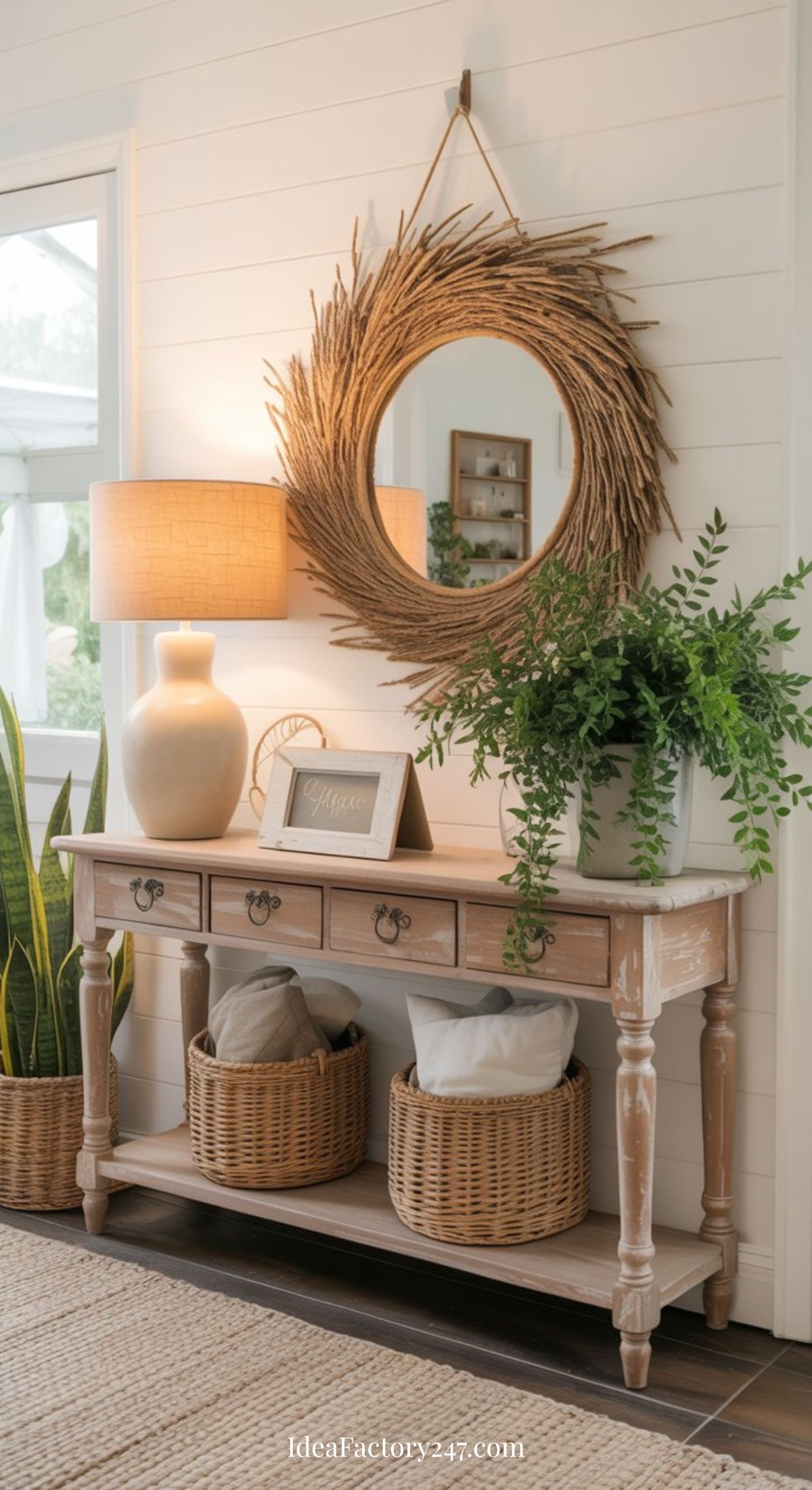 A rustic Nancy Meyers Entryway Table with drawers holds a lamp, framed sign, and potted plant. Two woven baskets with pillows rest on the lower shelf. Above, a round branch-style mirror hangs on a white shiplap wall.