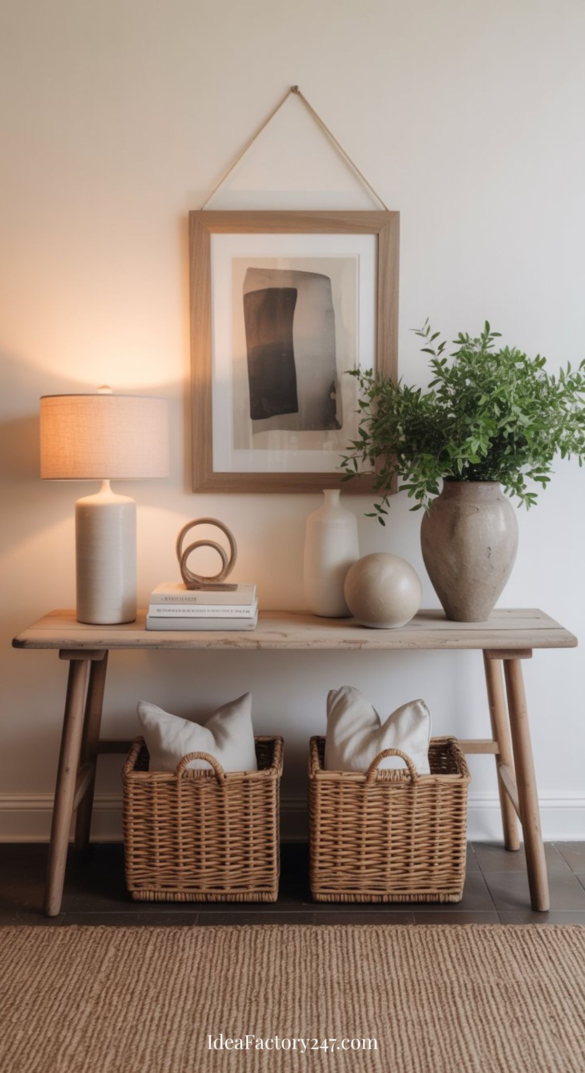A wooden console table with a lamp, abstract art, decorative ceramics, and a vase of greenery sits against a white wall. Two wicker baskets with pillows are placed underneath on a dark floor.