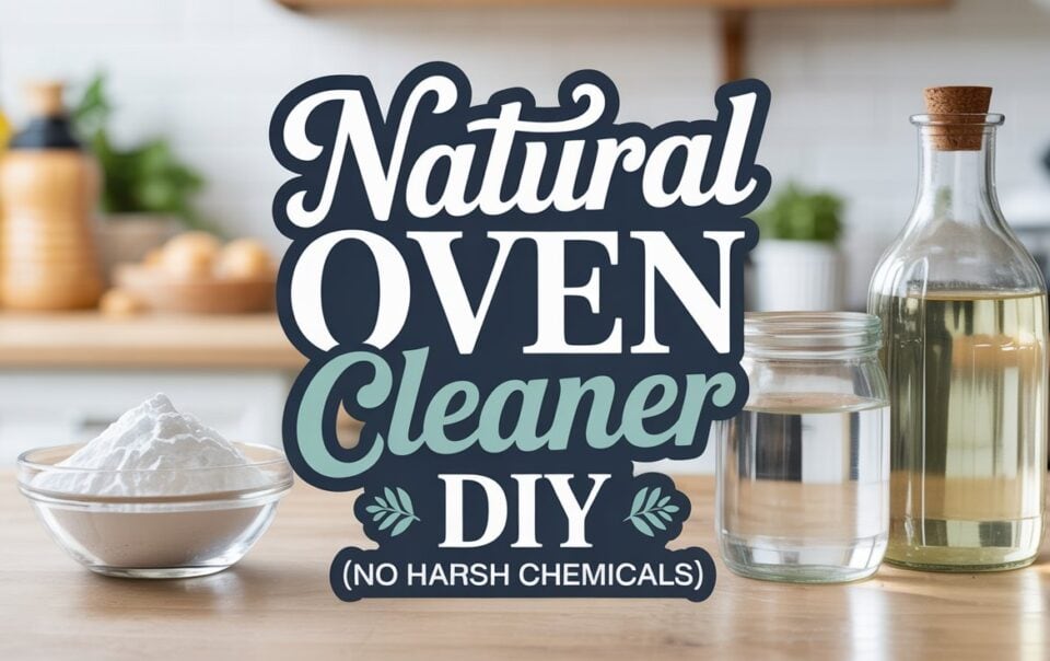 A kitchen counter with a bowl of baking soda, a jar of clear liquid, and a bottle of oil. Overlay text reads: Oven Cleaner DIY—Natural solution with no harsh chemicals.