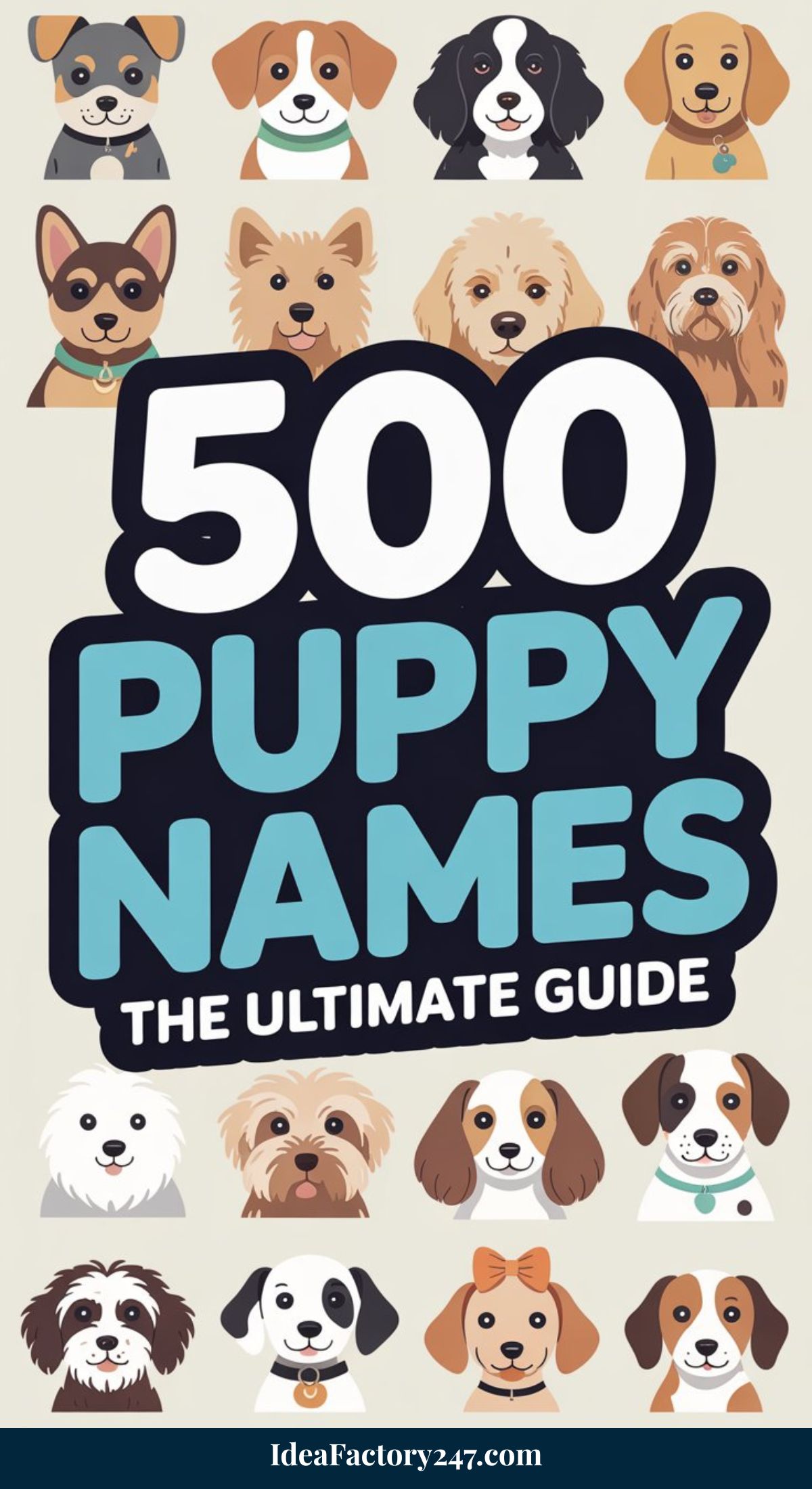 A graphic with cartoon illustrations of various puppy breeds and the text 500 Puppy Names: The Ultimate Guide in bold, playful letters highlights the best puppy names. The website IdeaFactory247.com appears at the bottom.