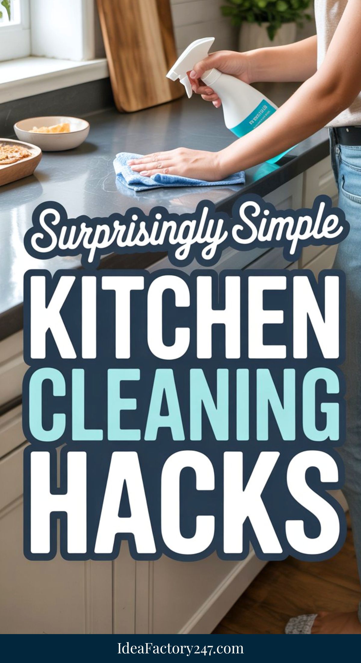 A person wipes a kitchen counter with a cloth and spray bottle. Text on the image reads: “Surprisingly Simple Kitchen Cleaning Hacks.” Baking dishes and utensils are visible in the background.