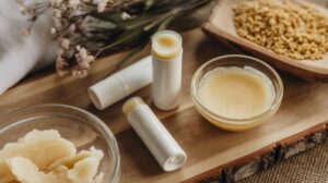 Homemade tallow lip balms in white tubes, a small glass bowl of balm, beeswax pellets, and raw shea butter displayed on a wooden board with dried flowers in the background.