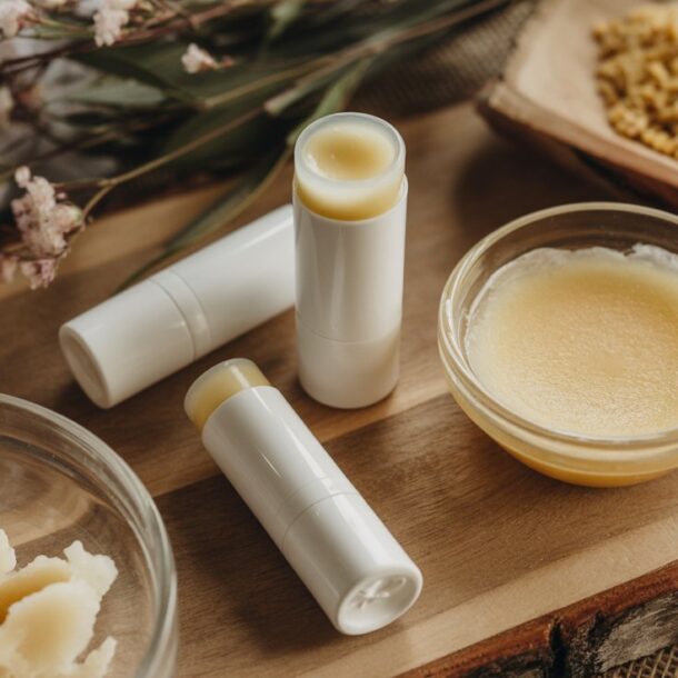 Homemade tallow lip balms in white tubes, a small glass bowl of balm, beeswax pellets, and raw shea butter displayed on a wooden board with dried flowers in the background.