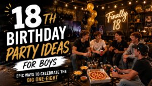 Five teenage boys sit in a cozy, decorated room with balloons, pizza, snacks, and drinks, smiling and laughing together. Large text reads 18th birthday party ideas for boys while "Finally 18" glows in neon on the wall.