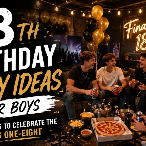 Five teenage boys sit in a cozy, decorated room with balloons, pizza, snacks, and drinks, smiling and laughing together. Large text reads 18th birthday party ideas for boys while "Finally 18" glows in neon on the wall.