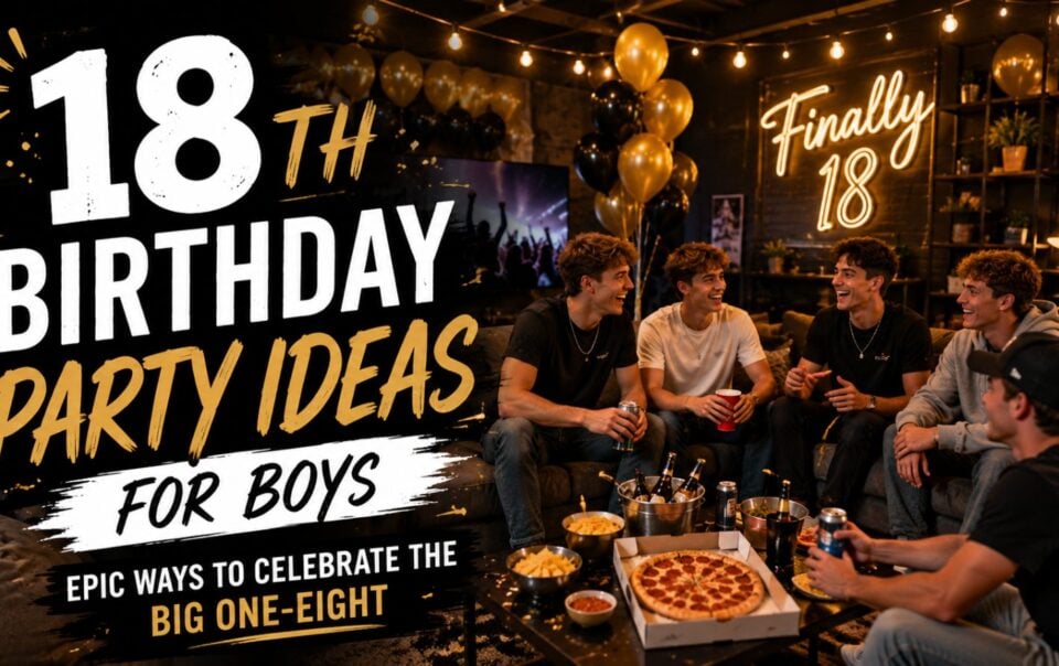 Five teenage boys sit in a cozy, decorated room with balloons, pizza, snacks, and drinks, smiling and laughing together. Large text reads 18th birthday party ideas for boys while "Finally 18" glows in neon on the wall.