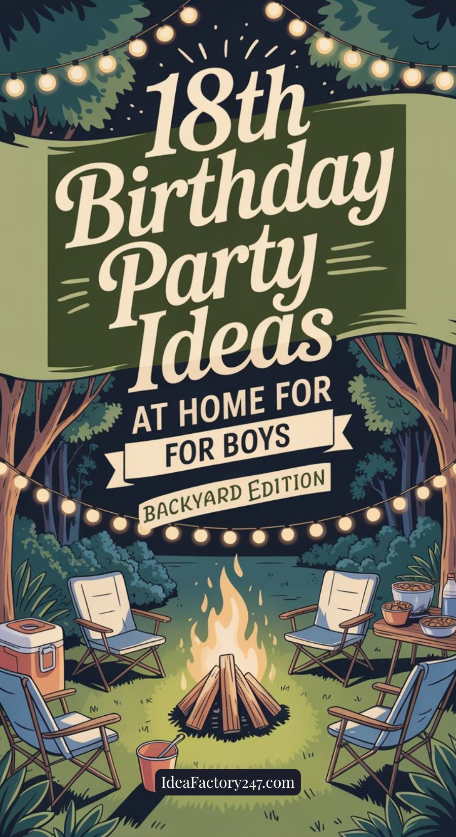 Illustrated poster reading 18th birthday party ideas for boys: Backyard Edition, featuring a nighttime backyard scene with chairs, a campfire, string lights, and trees—perfect inspiration for celebrating at home.