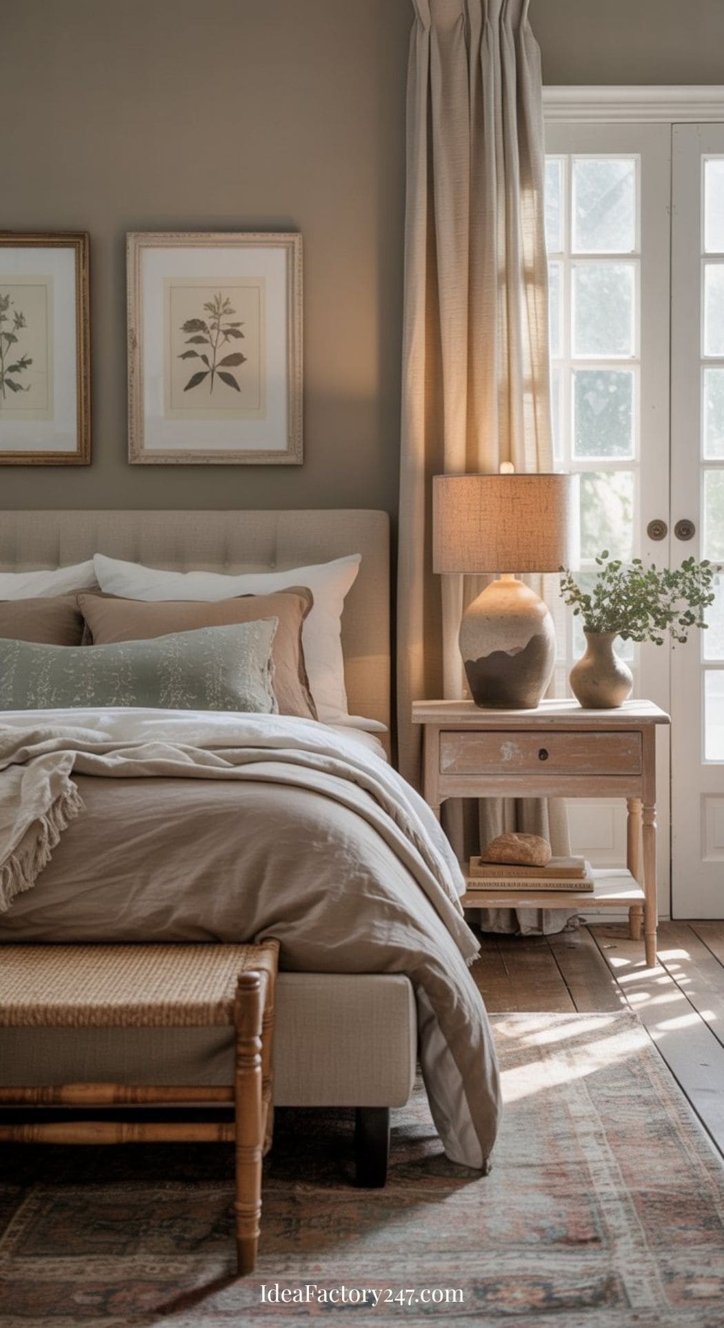 A cozy, sunlit neutral boho bedroom with a beige upholstered bed, neutral bedding, a wooden bench, framed botanical art, a nightstand with a lamp and vase, and large windows with light curtains letting in natural light.