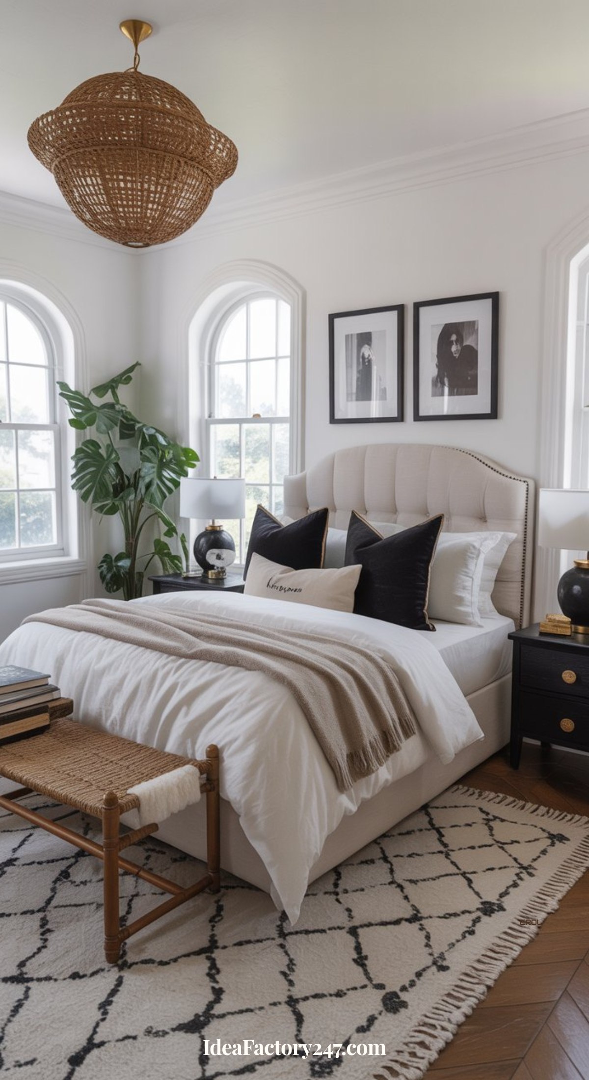 A bright, modern bedroom featuring black and white decor highlights inspiring black and white bedroom ideas, with arched windows, a beige upholstered bed, large plant, woven bench, patterned rug, black nightstands, and framed art above the bed.