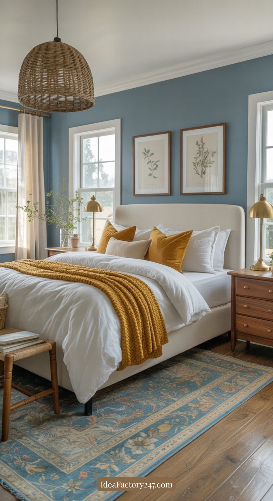 A cozy bedroom with blue walls, a white bed with mustard yellow pillows and blanket, wooden nightstands with gold lamps, botanical art above the bed, large windows with beige curtains, and a patterned rug.