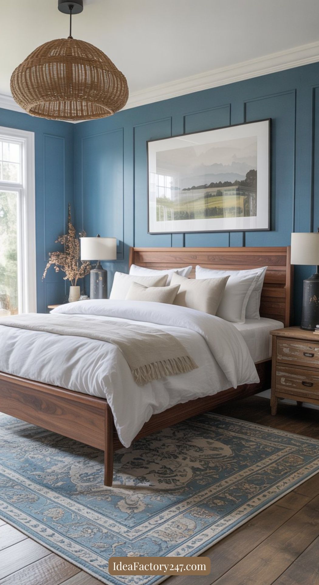 A cozy bedroom with a wooden bed, white bedding, blue accent wall, landscape artwork, matching wooden nightstands, lamps, a woven light fixture, and a patterned blue rug on a wooden floor.