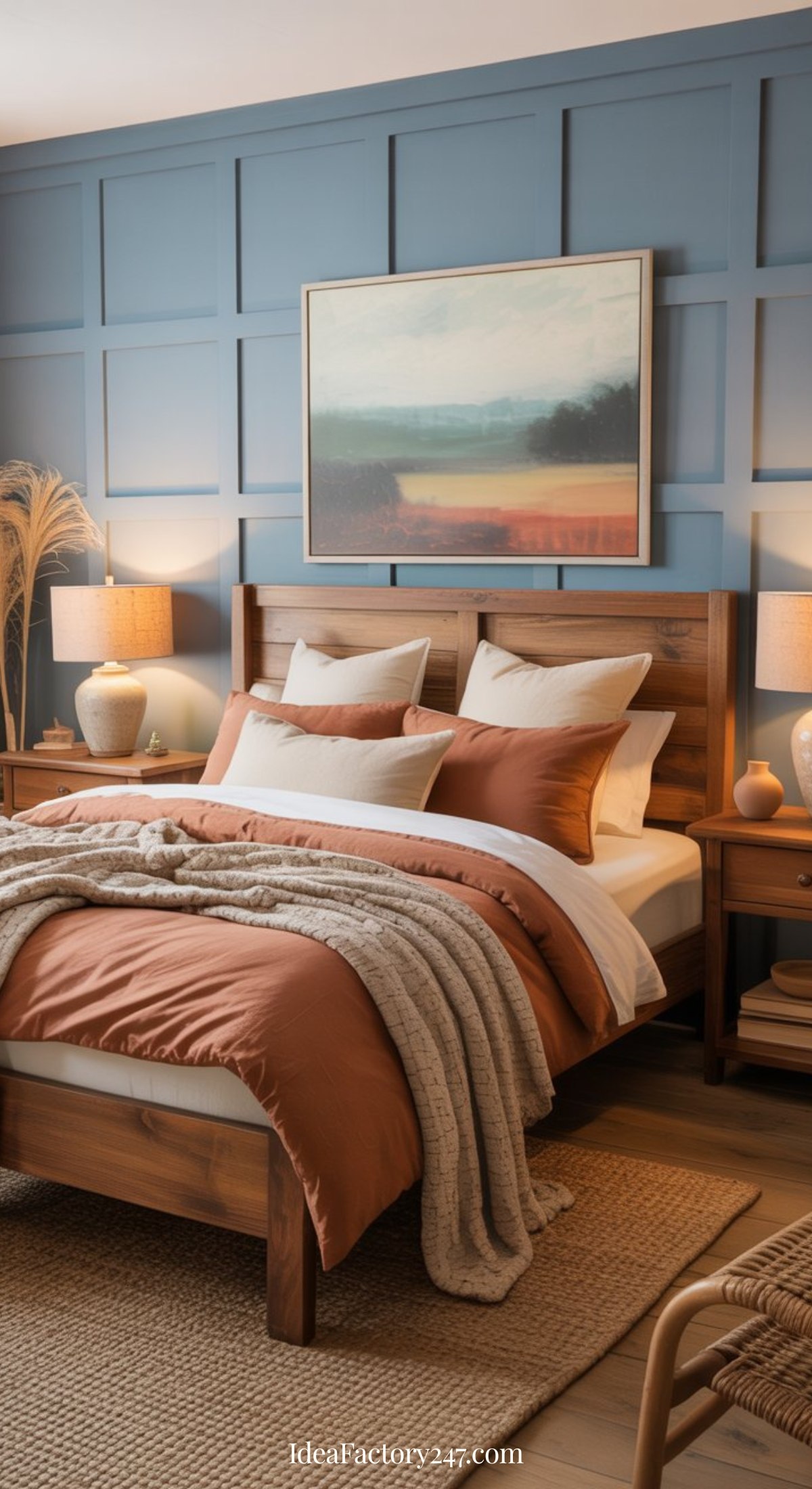 A cozy blue and terracotta bedroom features a wooden bed with rust-colored bedding, neutral throw blankets, two bedside tables with lamps, a landscape painting on a blue paneled wall, and dried plants for decoration.