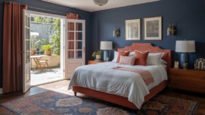 A cozy blue and terracotta bedroom with blue walls, a coral bed with white bedding, wooden nightstands with blue lamps, framed art above the bed, an area rug, and French doors opening to a sunny patio with seating and lush plants.