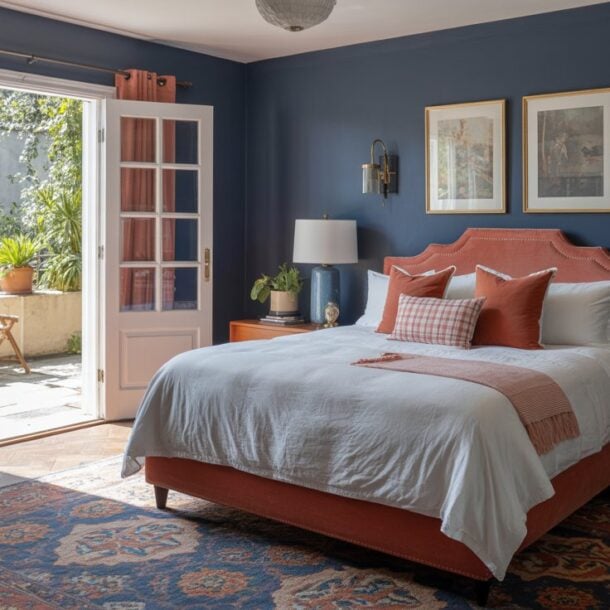 A cozy blue and terracotta bedroom with blue walls, a coral bed with white bedding, wooden nightstands with blue lamps, framed art above the bed, an area rug, and French doors opening to a sunny patio with seating and lush plants.
