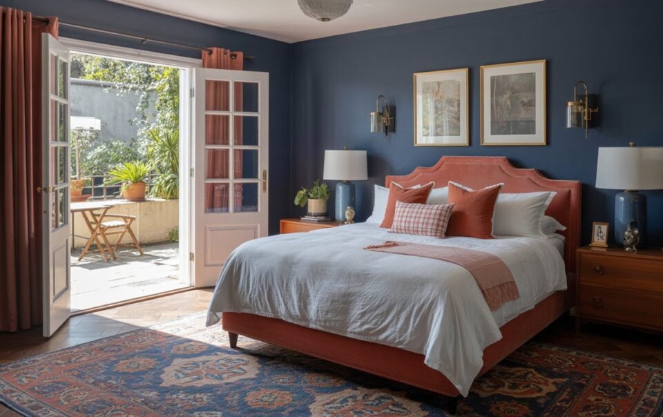 A cozy blue and terracotta bedroom with blue walls, a coral bed with white bedding, wooden nightstands with blue lamps, framed art above the bed, an area rug, and French doors opening to a sunny patio with seating and lush plants.