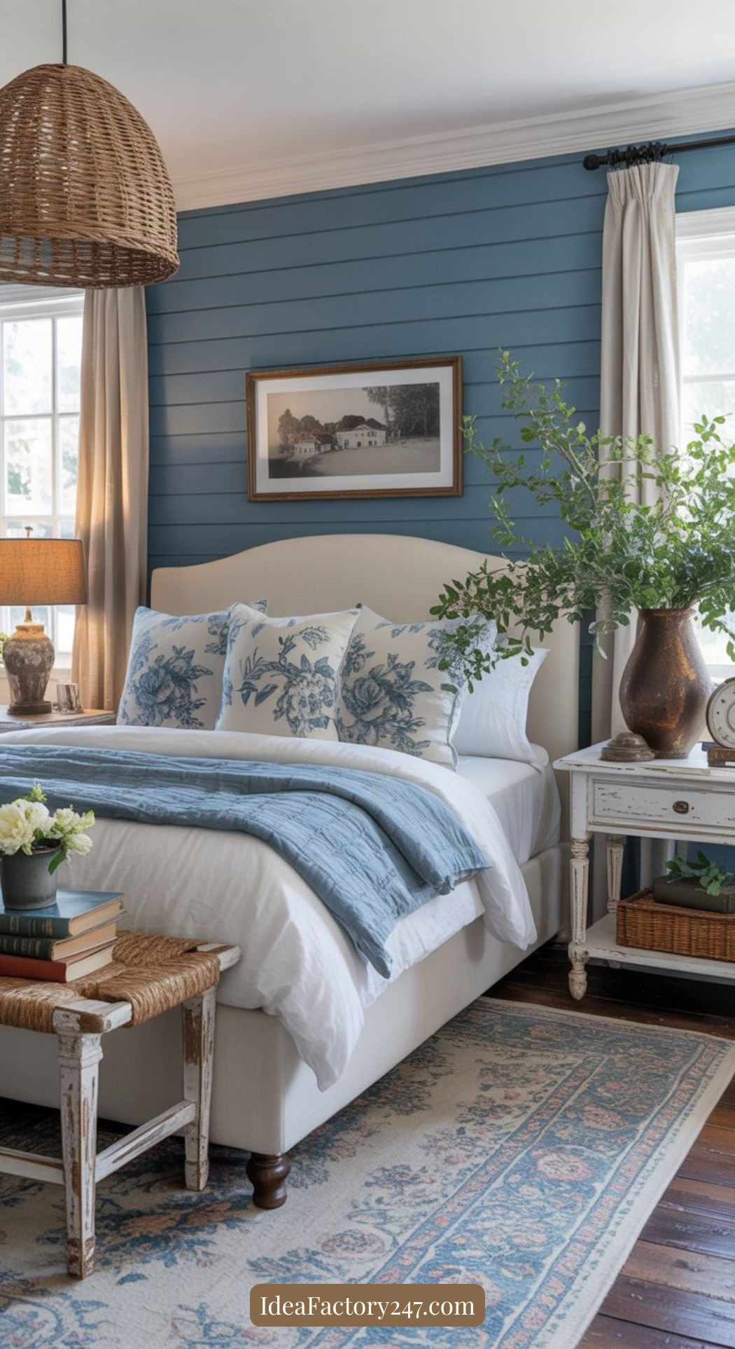 A cozy bedroom with blue shiplap walls, a bed with white and blue floral bedding, a woven pendant lamp, rustic white nightstands, a bench with books, a potted plant, and sunlight streaming through large windows.