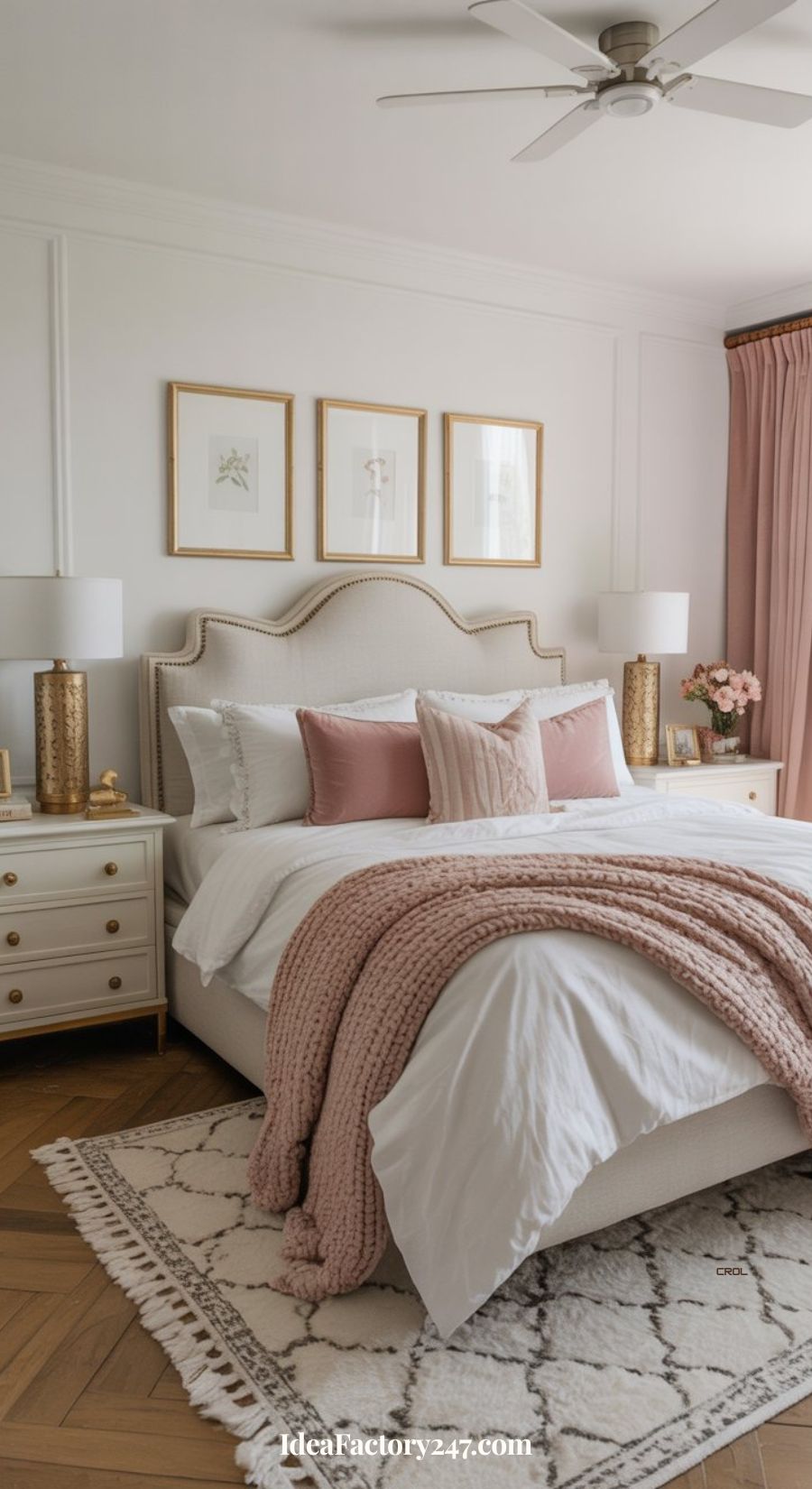 Cozy bedroom with a beige upholstered bed, white bedding, pink pillows, a chunky pink knit blanket, gold lamps, matching nightstands, framed art on the wall, and a patterned rug on a wooden floor.