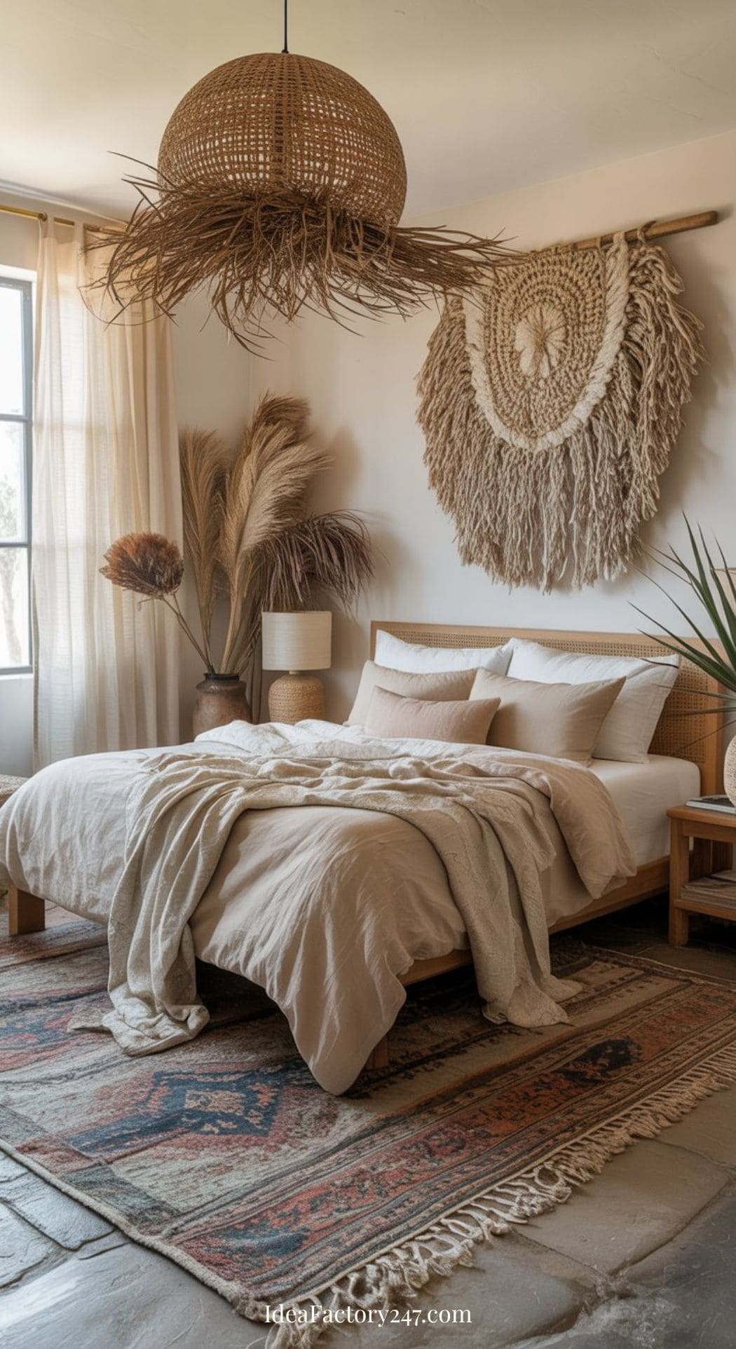A cozy neutral boho bedroom with a rattan bed, layered beige bedding, macramé wall hanging, woven pendant light, dried plants in vases, and a patterned rug on light wooden floors. Sunlight streams in through the window.
