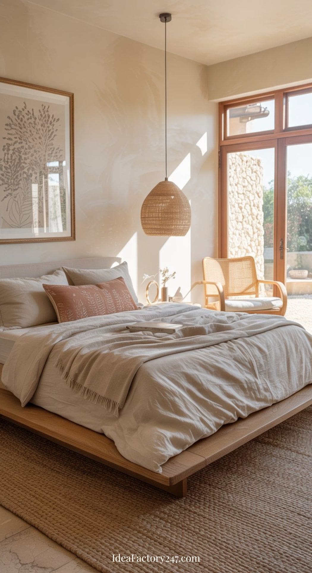 A cozy, sunlit neutral boho bedroom features a low wooden bed with neutral bedding, a woven pendant light, artwork above the bed, a rattan chair, and large windows revealing an inviting outdoor view.